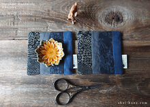 Load image into Gallery viewer, Upcycled Quilted Handmade Coasters, Black x Gray x Dark Blue ⦿cajf0015
