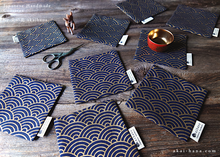 Load image into Gallery viewer, Japanese fabric Coasters, Seigaiha Gold x Dark Blue ⦿cajf0022
