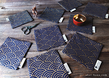 Load image into Gallery viewer, Japanese fabric Coasters, Seigaiha Gold x Dark Blue ⦿cajf0022