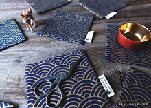 Load image into Gallery viewer, Japanese fabric Coasters, Seigaiha Gold x Dark Blue ⦿cajf0022