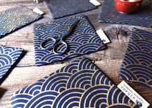 Load image into Gallery viewer, Japanese fabric Coasters, Seigaiha Gold x Dark Blue ⦿cajf0022