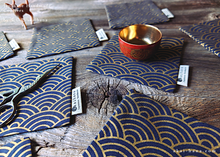 Load image into Gallery viewer, Japanese fabric Coasters, Seigaiha Gold x Dark Blue ⦿cajf0022