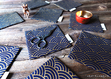 Load image into Gallery viewer, Japanese fabric Coasters, Seigaiha Gold x Dark Blue ⦿cajf0022