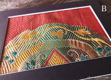 Load image into Gallery viewer, Vintage Kimono Obi Fabric Art with a Frame Mat, ready to frame, 5" x 7" ⦿frmn0016