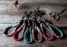 Load image into Gallery viewer, Handcrafted Chirimen Key Chains, Floral Kimono patterns x Antique Gold ⦿khcr0007-12