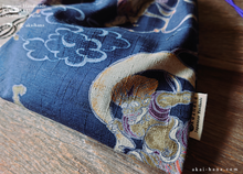 Load image into Gallery viewer, Wagara Kinchaku Drawstring Purse, Fūjin Raijin (Gods of wind and thunder) Dark Blue, Large W20cm x H25cm (8" x 9 3/4") ⦿kpjf0010