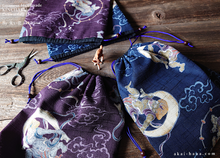 Load image into Gallery viewer, Wagara Kinchaku Drawstring Purse, Fūjin Raijin (Gods of wind and thunder) Dark Blue, Large W20cm x H25cm (8" x 9 3/4") ⦿kpjf0010