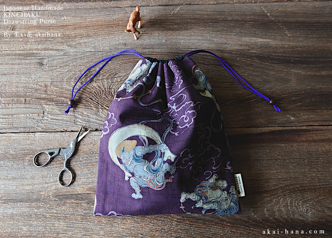 Wagara Kinchaku Drawstring Purse, Fūjin Raijin (Gods of wind and thunder) Purple, Large W20cm x H25cm (8