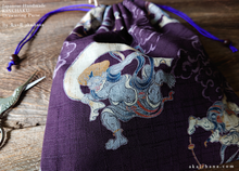 Load image into Gallery viewer, Wagara Kinchaku Drawstring Purse, Fūjin Raijin (Gods of wind and thunder) Purple, Large W20cm x H25cm (8" x 9 3/4") ⦿kpjf0011