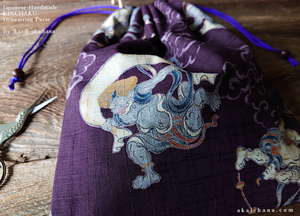 Wagara Kinchaku Drawstring Purse, Fūjin Raijin (Gods of wind and thunder) Purple, Large W20cm x H25cm (8" x 9 3/4") ⦿kpjf0011