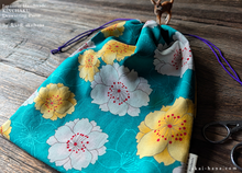 Load image into Gallery viewer, Wagara Kinchaku Drawstring Purse, Sakura Blue Green, Large W20cm x H25cm (8" x 9 3/4") ⦿kpjf0019