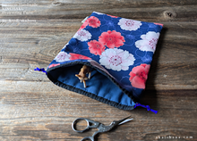 Load image into Gallery viewer, Wagara Kinchaku Drawstring Purse, Sakura Dark Blue, Large W20cm x H25cm (8" x 9 3/4") ⦿kpjf0020