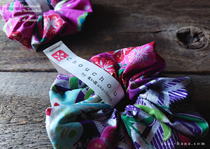 Japanese Handmade Kimono Style Chouchou/Scrunchies, Pink Floral ⦿scjf0016