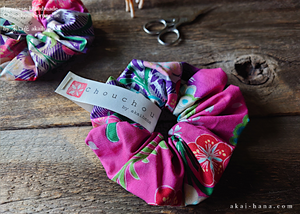 Japanese Handmade Kimono Style Chouchou/Scrunchies, Pink Floral ⦿scjf0016