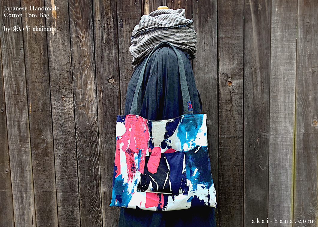 Paint Pink x Blue, Japanese Handmade Cotton Square Tote Bag, tbml0015