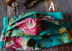 Turquoise Floral Kimono, Japanese Handmade Mask with filter pocket & nose wire, comes with 1 Free Filter Insert