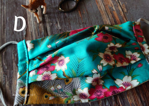 Turquoise Floral Kimono, Japanese Handmade Mask with filter pocket & nose wire, comes with 1 Free Filter Insert