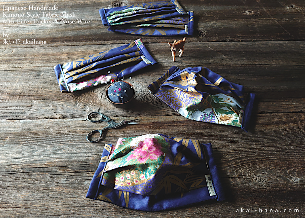 Navy Floral Kimono Japanese Handmade Mask with filter pocket & nose wire, comes with 1 Free Filter Insert, fmjf031
