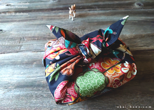 Load image into Gallery viewer, Furoshiki Reusable Fabric Wrap, Bandana, Black Floral Kimono ⦿fsjf0023