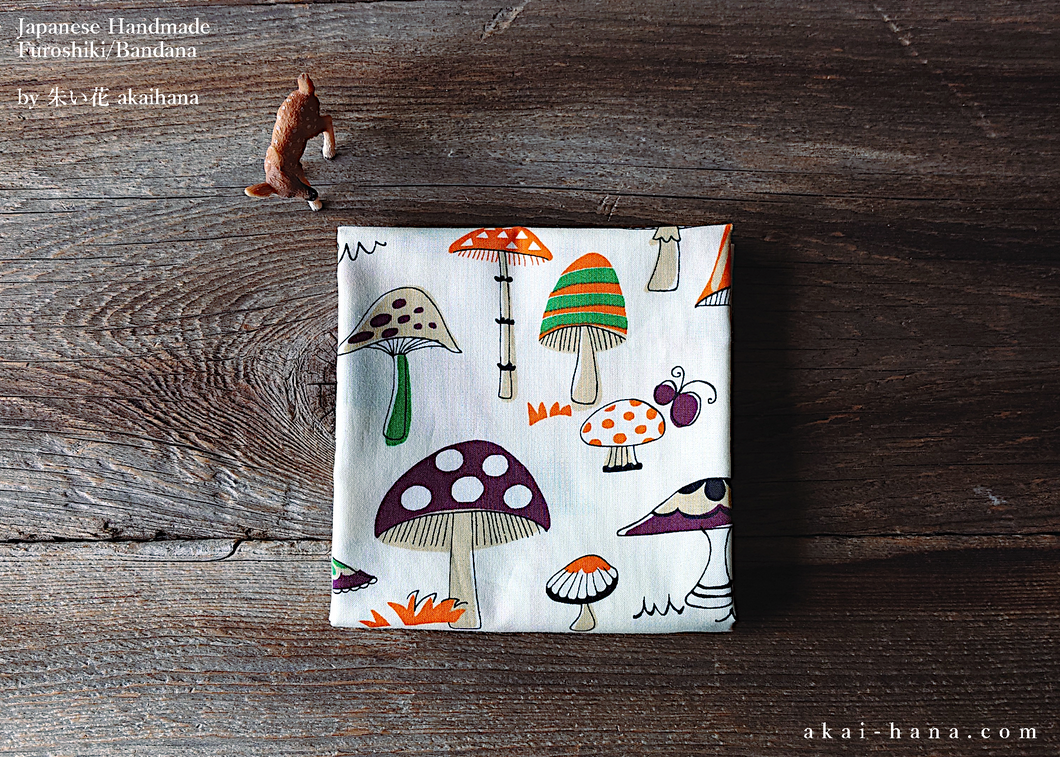 Furoshiki Reusable Fabric Wrap, Bandana, Mushrooms Brown and Orange ⦿fsjf1009