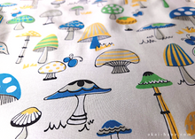 Load image into Gallery viewer, Furoshiki Reusable Fabric Wrap, Bandana, Mushrooms Blue and Yellow ⦿fsjf1010
