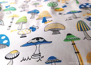 Furoshiki Reusable Fabric Wrap, Bandana, Mushrooms Blue and Yellow ⦿fsjf1010