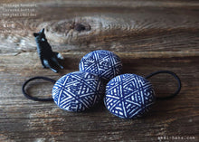 Load image into Gallery viewer, Japanese Handmade Repurposed Remnants Covered Button Hair Tie/Ponytail Holder, Napkin Holder, Cord Organizer, Indonesian Navy Blue
