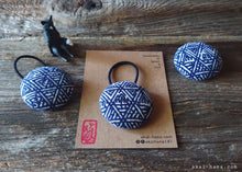 Load image into Gallery viewer, Japanese Handmade Repurposed Remnants Covered Button Hair Tie/Ponytail Holder, Napkin Holder, Cord Organizer, Indonesian Navy Blue
