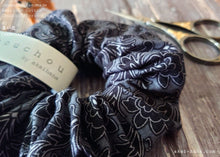 Load image into Gallery viewer, Japanese Handmade Scrunchies, Gray Damask Floral, scaf0007