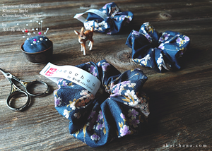 Japanese Handmade Kimono style Scrunchies, Shidarezakura (Weeping Cherry) Dark Blue ⦿scjf0001