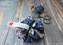 Load image into Gallery viewer, Japanese Handmade Kimono style Scrunchies, Shidarezakura (Weeping Cherry) Dark Blue ⦿scjf0001