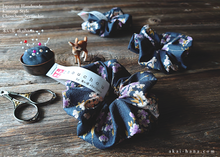 Load image into Gallery viewer, Japanese Handmade Kimono style Scrunchies, Shidarezakura (Weeping Cherry) Dark Blue ⦿scjf0001
