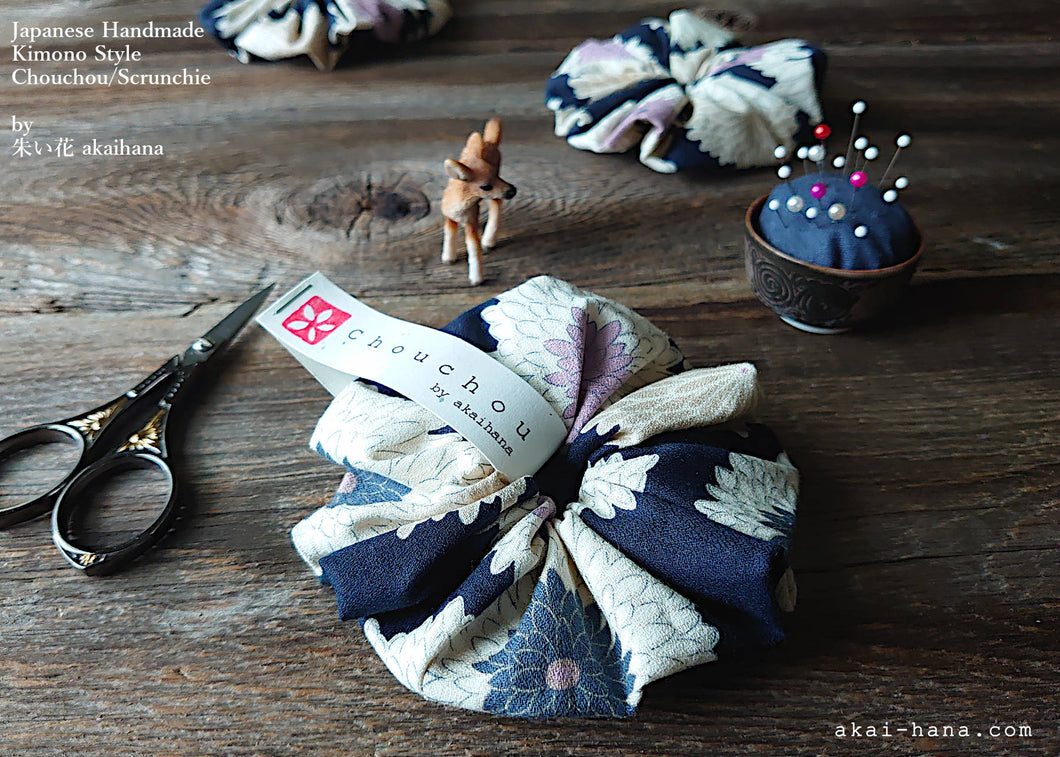 Japanese Handmade Kimono style Scrunchies, Chrysanthemum Navy, scjf0009