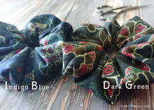Load image into Gallery viewer, Japanese Handmade Kimono style Scrunchies, Vintage Floral, Dark Green, scjf0046