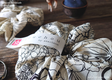 Load image into Gallery viewer, Japanese Handmade Chouchou/Scrunchies, Line Drawing Floral, Black x Ivory, scjf0050