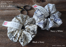 Load image into Gallery viewer, Japanese Handmade Scrunchies, Line Drawing Floral, Navy x White, scjf0051