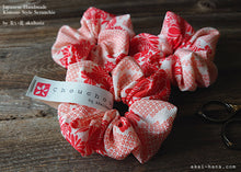 Load image into Gallery viewer, Japanese Handmade Kimono Style Scrunchie, Red and Pink Floral Chirimen
