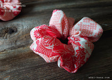 Load image into Gallery viewer, Japanese Handmade Kimono Style Scrunchie, Red and Pink Floral Chirimen