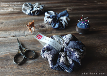 Load image into Gallery viewer, Japanese Handmade Kimono Style Scrunchie, Dark Blue Floral Chirimen scjf0100