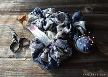 Load image into Gallery viewer, Japanese Handmade Kimono Style Scrunchie, Dark Blue Floral Chirimen scjf0100