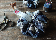 Load image into Gallery viewer, Japanese Handmade Kimono Style Scrunchie, Dark Blue Floral Chirimen scjf0100