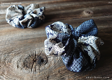 Load image into Gallery viewer, Japanese Handmade Kimono Style Scrunchie, Dark Blue Floral Chirimen scjf0100
