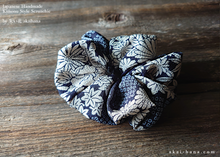 Load image into Gallery viewer, Japanese Handmade Kimono Style Scrunchie, Dark Blue Floral Chirimen scjf0100