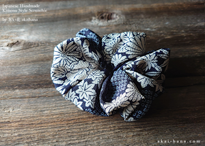 Japanese Handmade Kimono Style Scrunchie, Dark Blue Floral Chirimen scjf0100