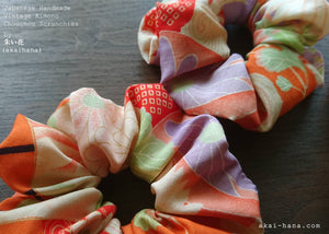 Vintage Kimono Scrunchies, Japanese Handmade, Orange Floral