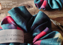 Load image into Gallery viewer, Vintage Kimono Scrunchies, Dark Blue Green x Red, Japanese Handmade scvk0011