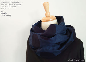 Japanese Handmade Infinity Scarf, Cotton Double Gauze, Polkadots Navy x Black