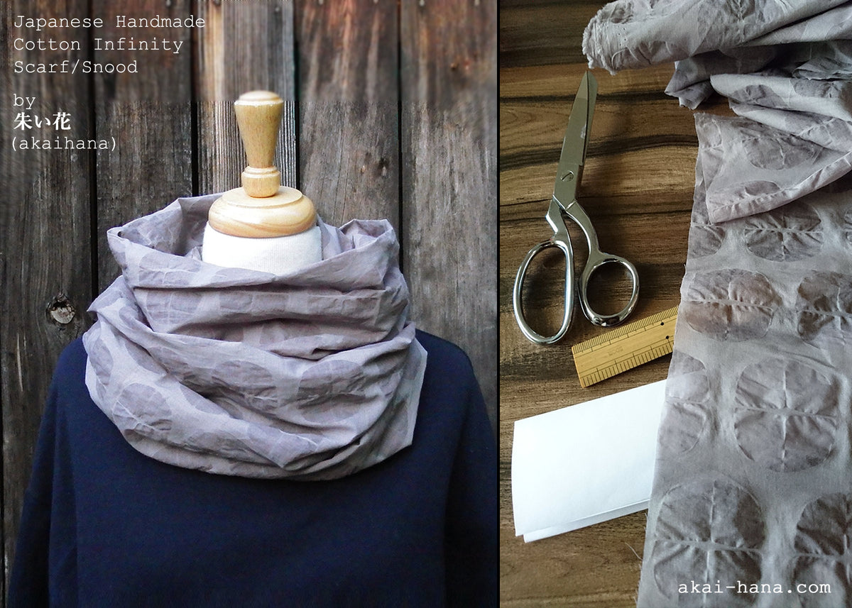 Japanese Handmade Infinity Snood Scarf, Morning Glory, Grayish