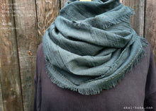 Load image into Gallery viewer, Japanese Linen & Cotton Wrap Scarf with Kakishibu-Stitch, Mushi Ao, Greenish Gray