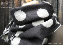 Load image into Gallery viewer, Japanese Handmade Linen Wrap Scarf, Bruch Painted Dots, Black x Ecru, 100% Linen